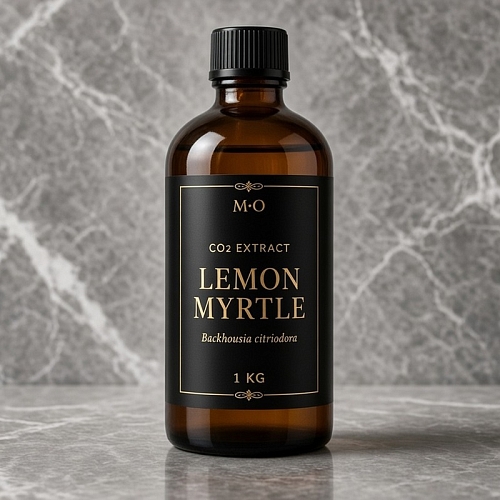 Lemon Myrtle CO2 Extract 1 kg, product photo Lemon Myrtle CO2 Extract 1 kg — labeled amber bottle
