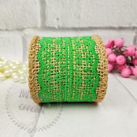 Burlap ribbon with lace, emerald, 2 m