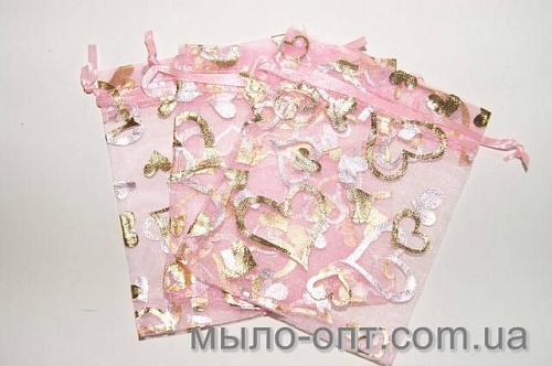 Pink organza bag in gold 9x12 cm, photos, reviews, use