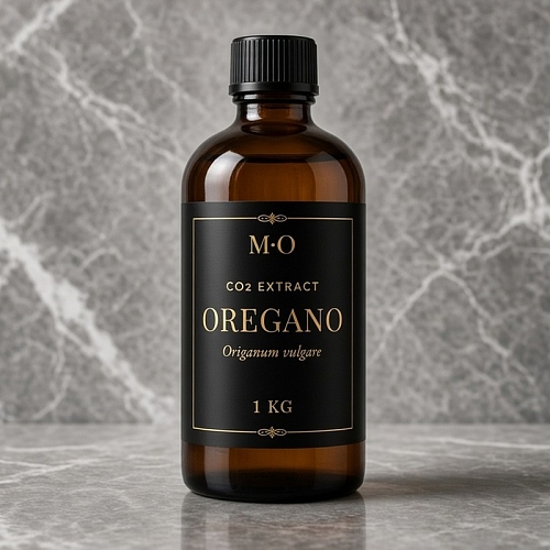 Oregano CO2 Extract 1 kg, product photo Oregano CO2 Extract 1 kg — labeled amber bottle