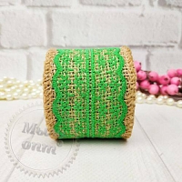 Burlap ribbon with lace, green 2 m